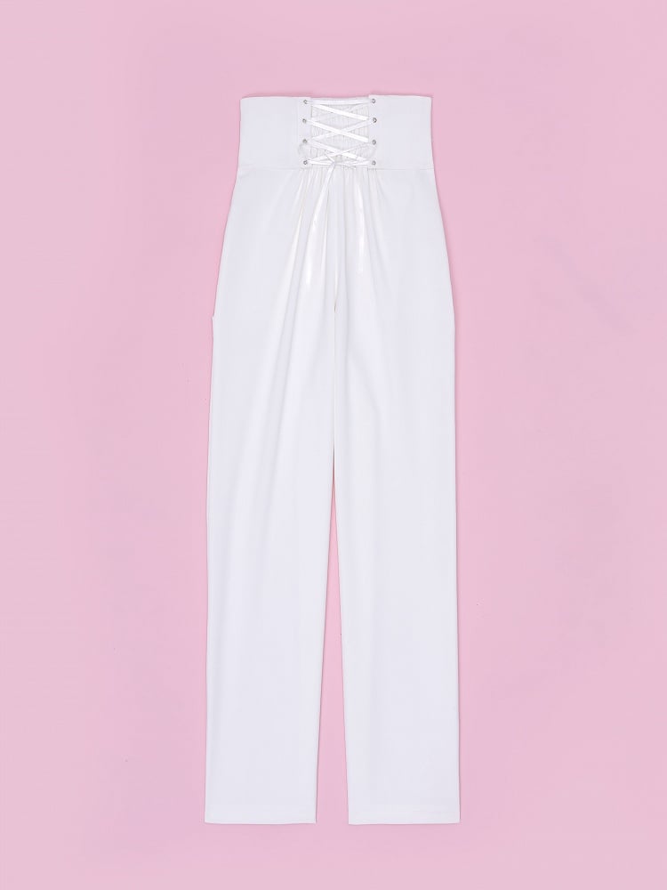 Buttons and Buckles High Waist White Ouji Fashion Pants