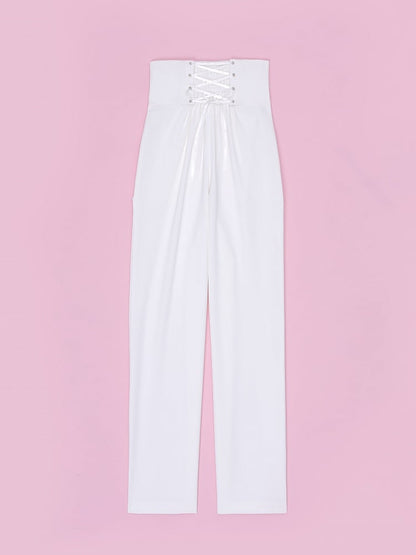 Buttons and Buckles High Waist White Ouji Fashion Pants