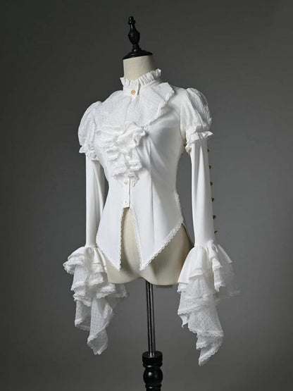 White Jabot Ruffled High Neck High-low Hem Long Sleeves Shirt