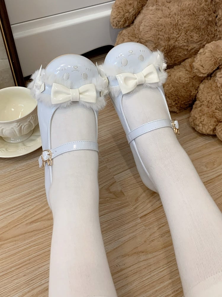 Blue Bowknot Details Plush Bunny Ear Sweet Lolita Round Toe Shoes With Bunny Buckle Strap