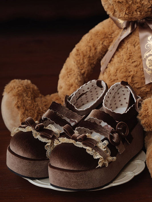 Lace Trim Bowknot at Top Velvet Dark Brown Buckle Straps Platforms