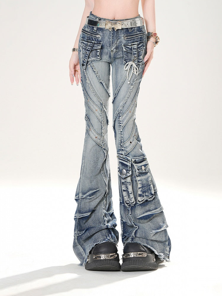 Blue Faded Wash Cargo Pockets Raw Hem Distressed Flared Jeans