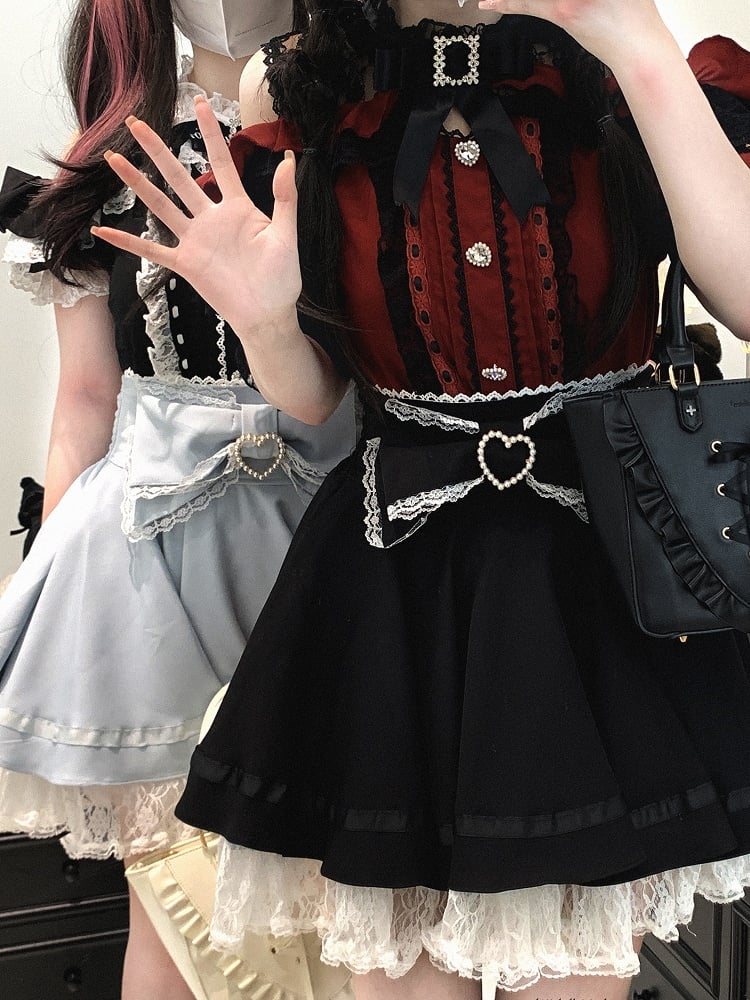 Jirai Kei Lace Trim Beaded Heart Decorated Big Bow Lace-up Back Black/Light Blue Skirt