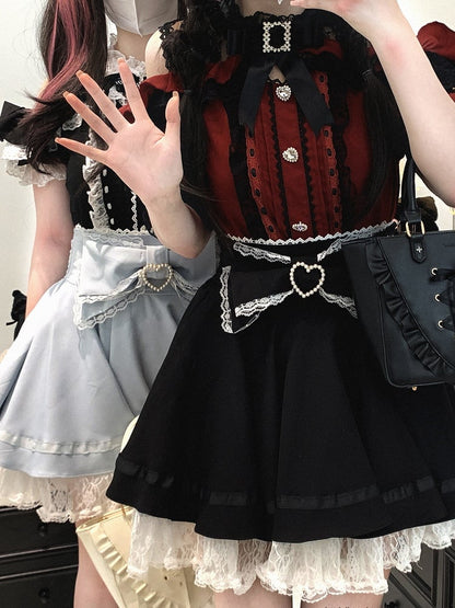 Jirai Kei Lace Trim Beaded Heart Decorated Big Bow Lace-up Back Black/Light Blue Skirt