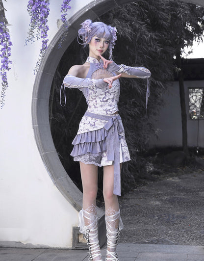Clearance - Size S for Bust 78-84CM Purple Cheongsam Banded Collar Halter Neck Top Chinoiserie Dragon Print