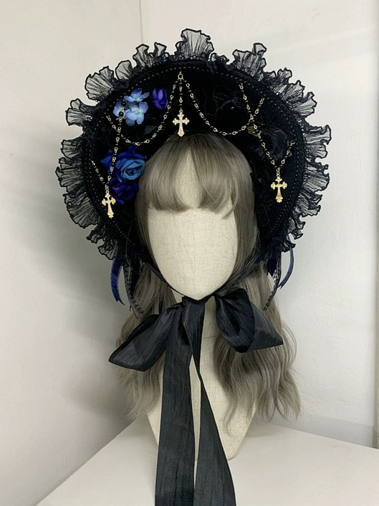Gothic Cross Chains Black and Blue Floral Design Elegant Bonnet