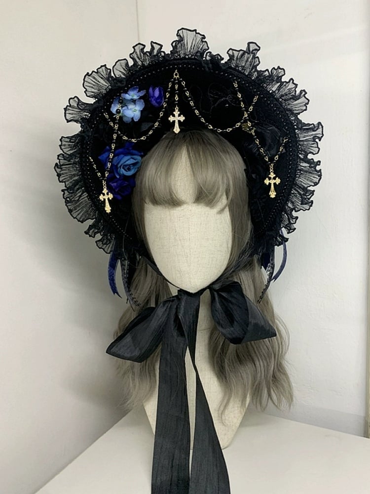 Gothic Cross Chains Black and Blue Floral Design Elegant Bonnet