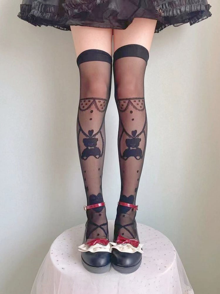 White/Black Teddy Bear and Heart Pattern Over Knee Stockings