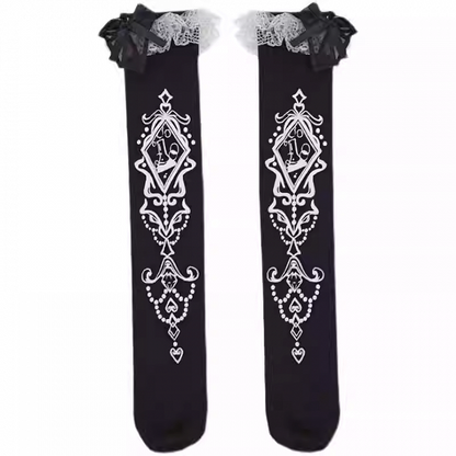 Black Ruffled Lace Cuff Printed Lolita Under Knee Stockings