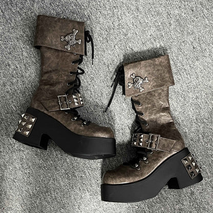 Skull and Studs Brown Front Lace-up Punk Chunky Platform Boots