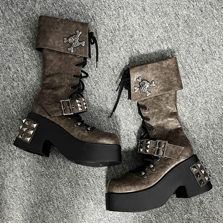 Skull and Studs Brown Front Lace-up Punk Chunky Platform Boots