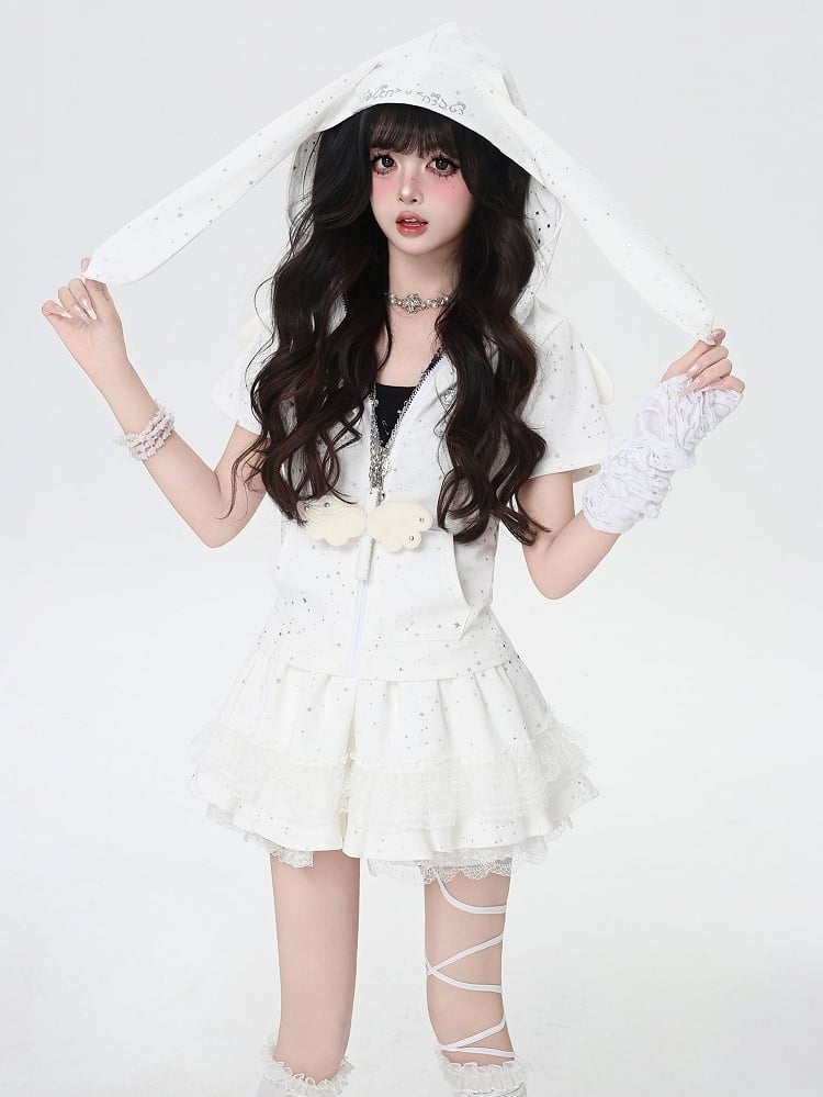 Bunny Ears and Angel Wings Design Hood Allover Star Print White Zip-up Jacket