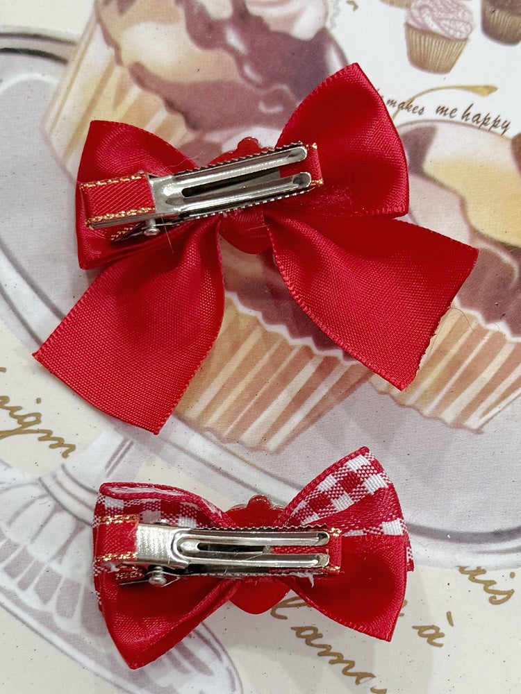 2 Red Strawberry Decorated Bowknot Hairclips Set