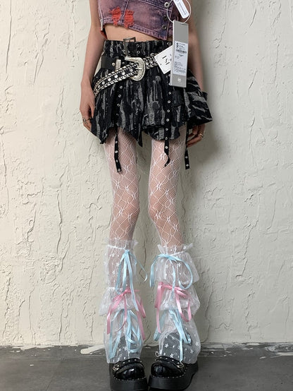 White Y2K Floral Pattern Self-tie Straps Leg Sleeves