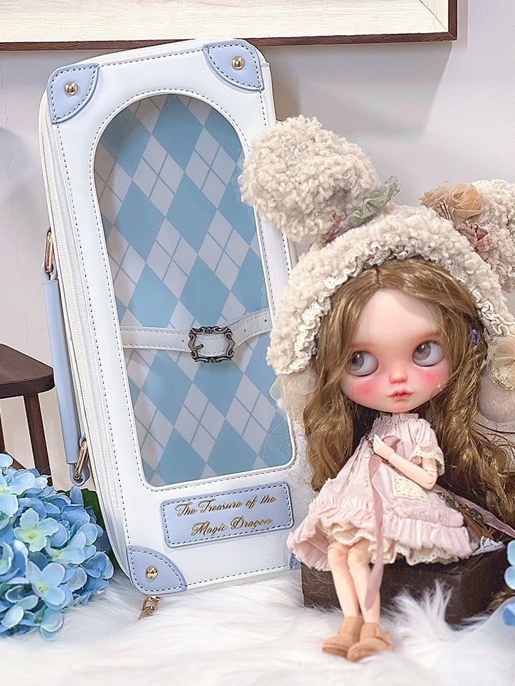 White&Blue Diamond Pattern 1/6 Scale BJD Doll Bag with Two Straps