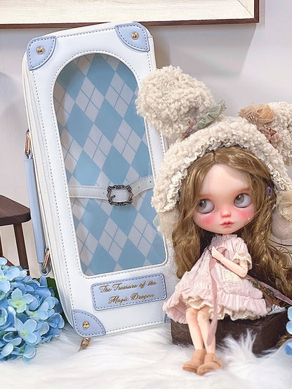 White&Blue Diamond Pattern 1/6 Scale BJD Doll Bag with Two Straps