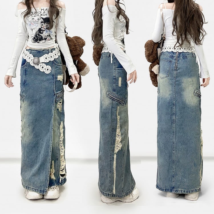 Blue Distressed Holes Details Slit Denim Skirt