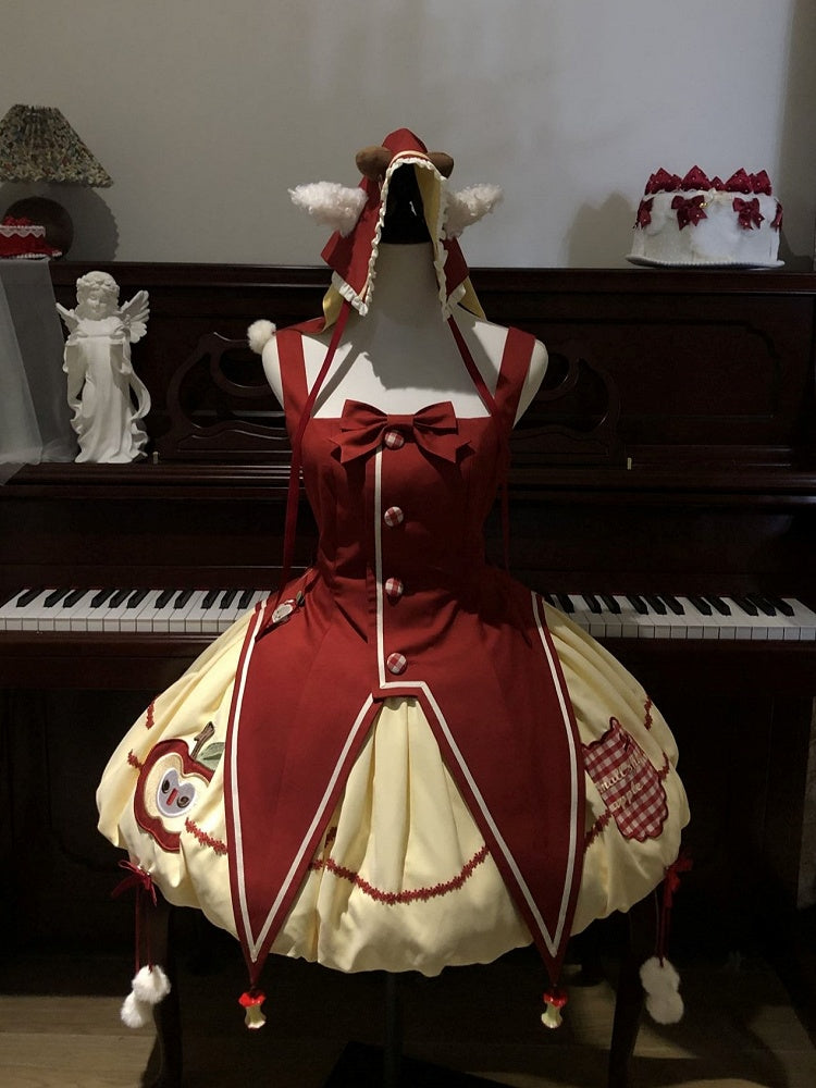 Yellow & Red Apple Embroidered Sweet Clown Lolita JSK Dress + Beige Ruffled Blouse Set