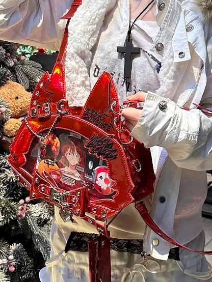 Bold Red Punk Cat Polished PU Tote Ita Bag with Free Card Holder