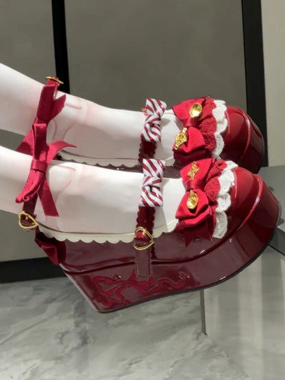 Wine Red Spoon Decorated Bowknot Details Sweet Lolita Platforms