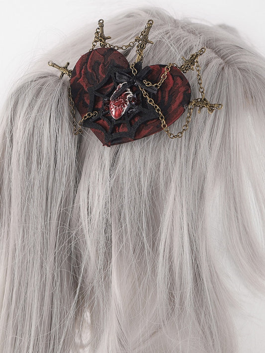Red and Black Gothic Spider Web Heart-shaped Hairclip with Swords and Chains