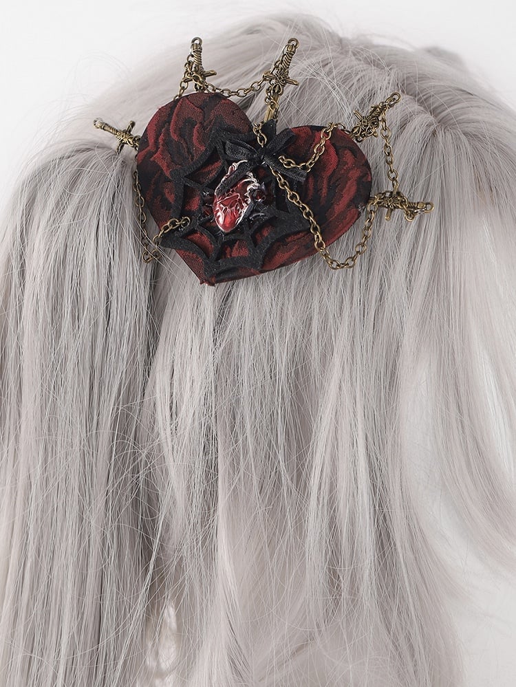 Red and Black Gothic Spider Web Heart-shaped Hairclip with Swords and Chains