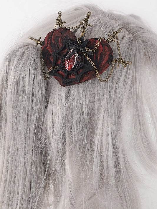 Red and Black Gothic Spider Web Heart-shaped Hairclip with Swords and Chains