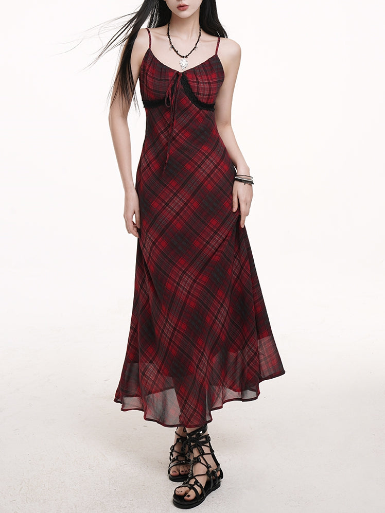 Red & Black Plaid V-neck Self-tie Strap Neckline Cami Dress