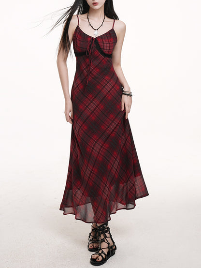 Red & Black Plaid V-neck Self-tie Strap Neckline Cami Dress