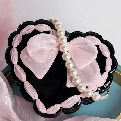 Lolita Heart-Shaped Pearl Handle Bag with Bow Detail & Adjustable Strap Two Colors Available