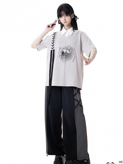 Clearance-Size S for Bust 110CM Gray Bunny Print Faux Two-pieces T-Shirt