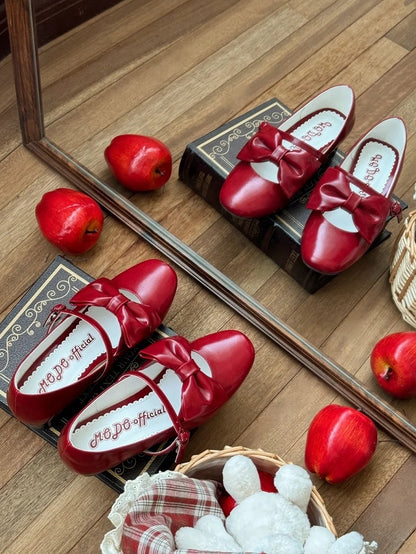 PU Red Elegant Lolita Mary Janes - Mid Heel with Bow Accents & Heart Buckle