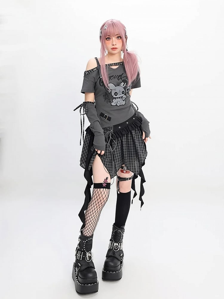 Red/Black Asymmetrical Neckline Bunny Print Y2K T-Shirt with Free Armwear