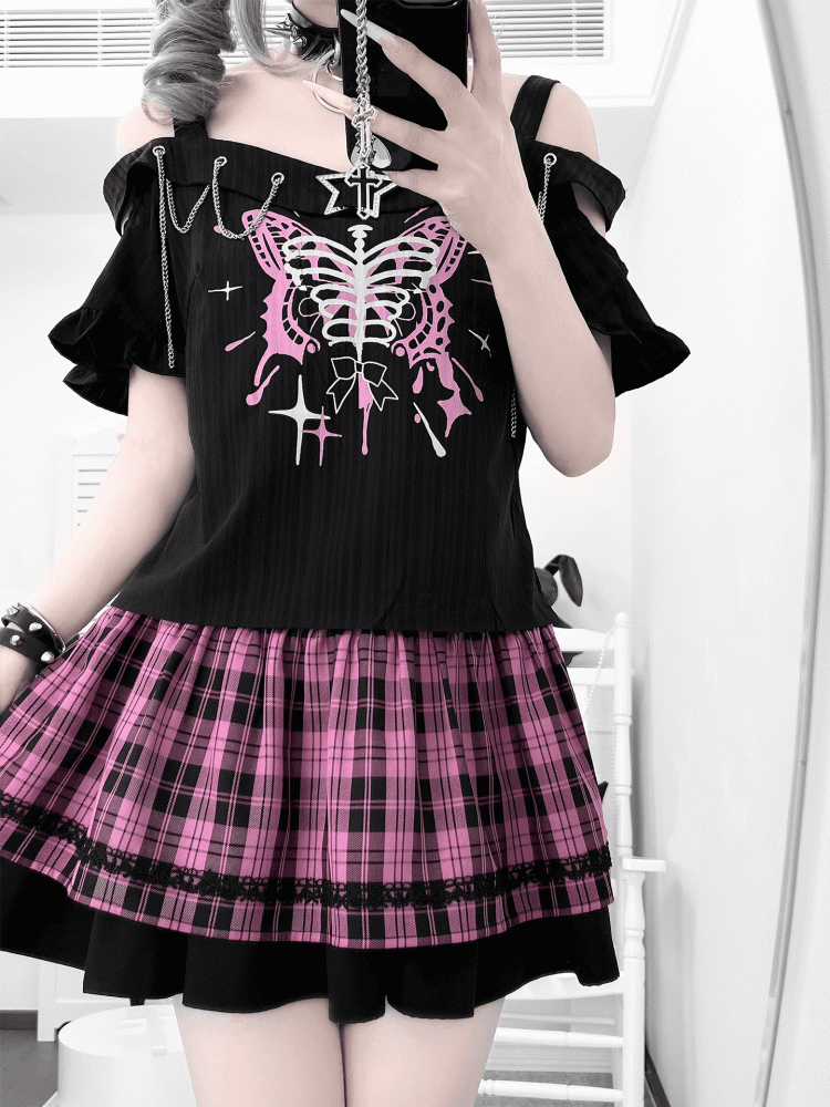 Y2K Chains Embellished Neckline Butterfly Print Black T-shirt with Pink Plaid Skirt Set