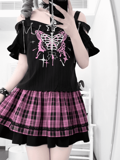 Y2K Chains Embellished Neckline Butterfly Print Black T-shirt with Pink Plaid Skirt Set