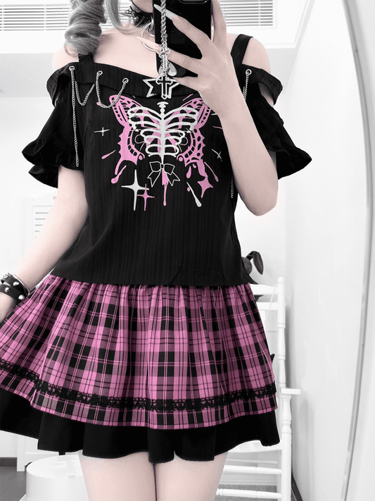 Y2K Chains Embellished Neckline Butterfly Print Black T-shirt with Pink Plaid Skirt Set