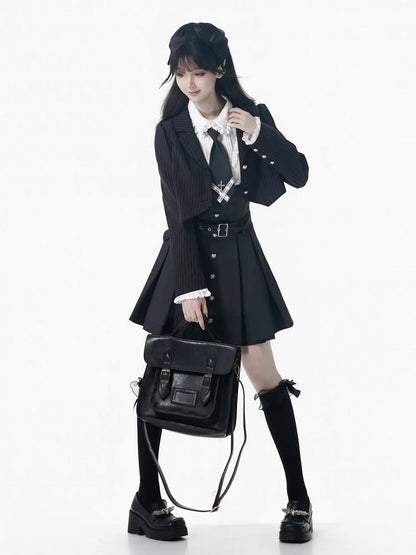 Black Striped Cropped Blazer with Preppy Badge & Subtle Silver Accents