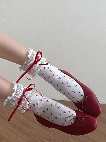 White&Red Floral Print Lace Trim Lolita Socks