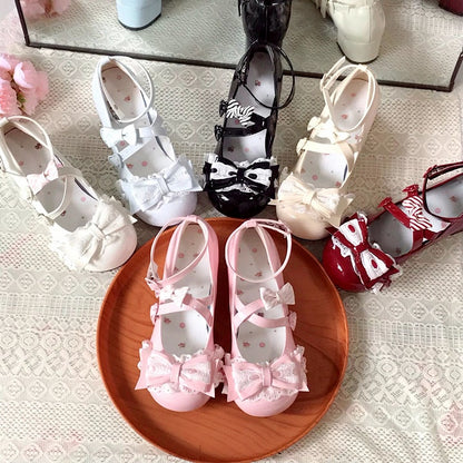 Mid-heel Off-white Mary Janes in PU with Lace Details, Bow & Functional Heart Snap