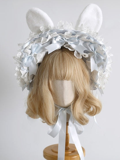 5 Color Options Bowknot Details Lace Trim Bunny Ear Bonnet