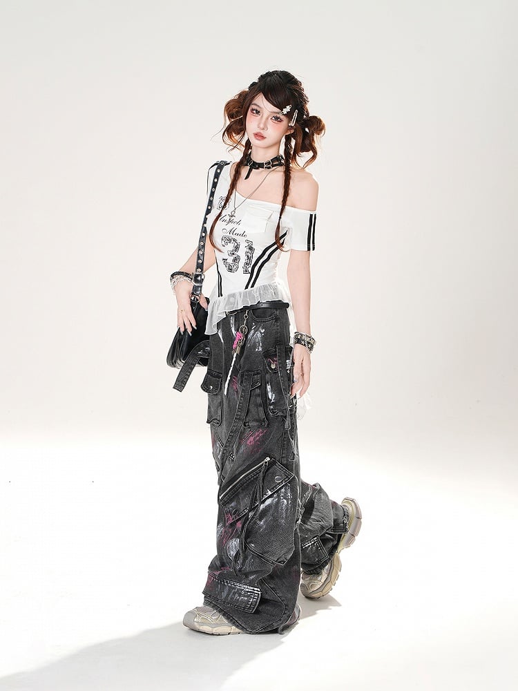 Spray Paint Print Black Low Rise Zipper Details Distressed Wide-leg Jeans