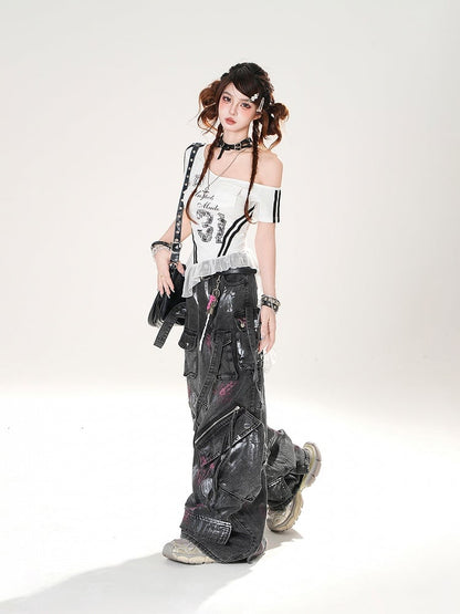 Spray Paint Print Black Low Rise Zipper Details Distressed Wide-leg Jeans