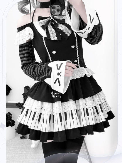 Black and White Flutter Sleeves Halter Top+ Piano Key Design Tiered Skirt + Striped Armwear Set
