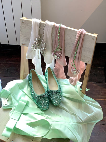 Pink/White Rhinestone Floral Decorated Over-knee Stockings