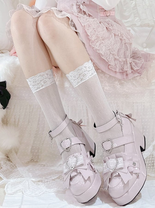 Jirai Kei Polished Pink Rhinestone Heart Decorated Lace-up Details Platform High Block Heels