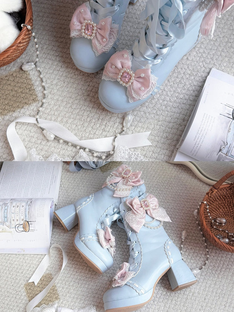 Sweet Lolita Blue Boots in PU - Rhinestone Bead Accents Pink Bowknot Details & Dual Closure System