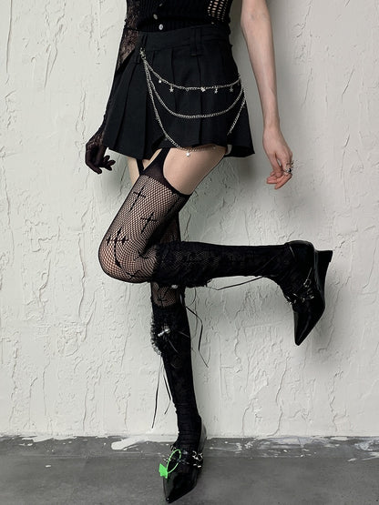 Black Y2K Floral Pattern Self-tie Straps Semi-sheer Underknee Stockings With Pearl Charms
