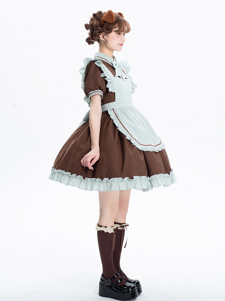 Brown and Mint Green Kitty Maid Lolita Short Puff Sleeves Dress + Apron