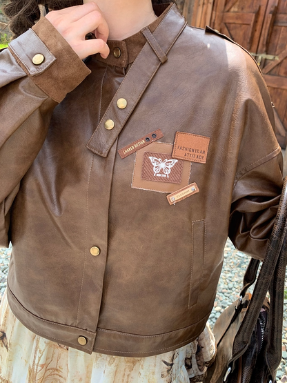 Brown Badge Appliques Vintage PU Jacket for Autumn