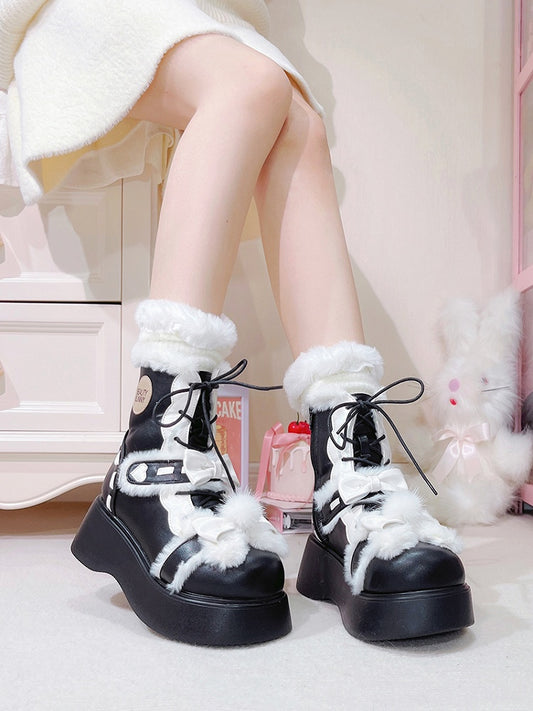 Black Plush Bunny Ear Design Bow Accents Platform Fleece Ankle Boots